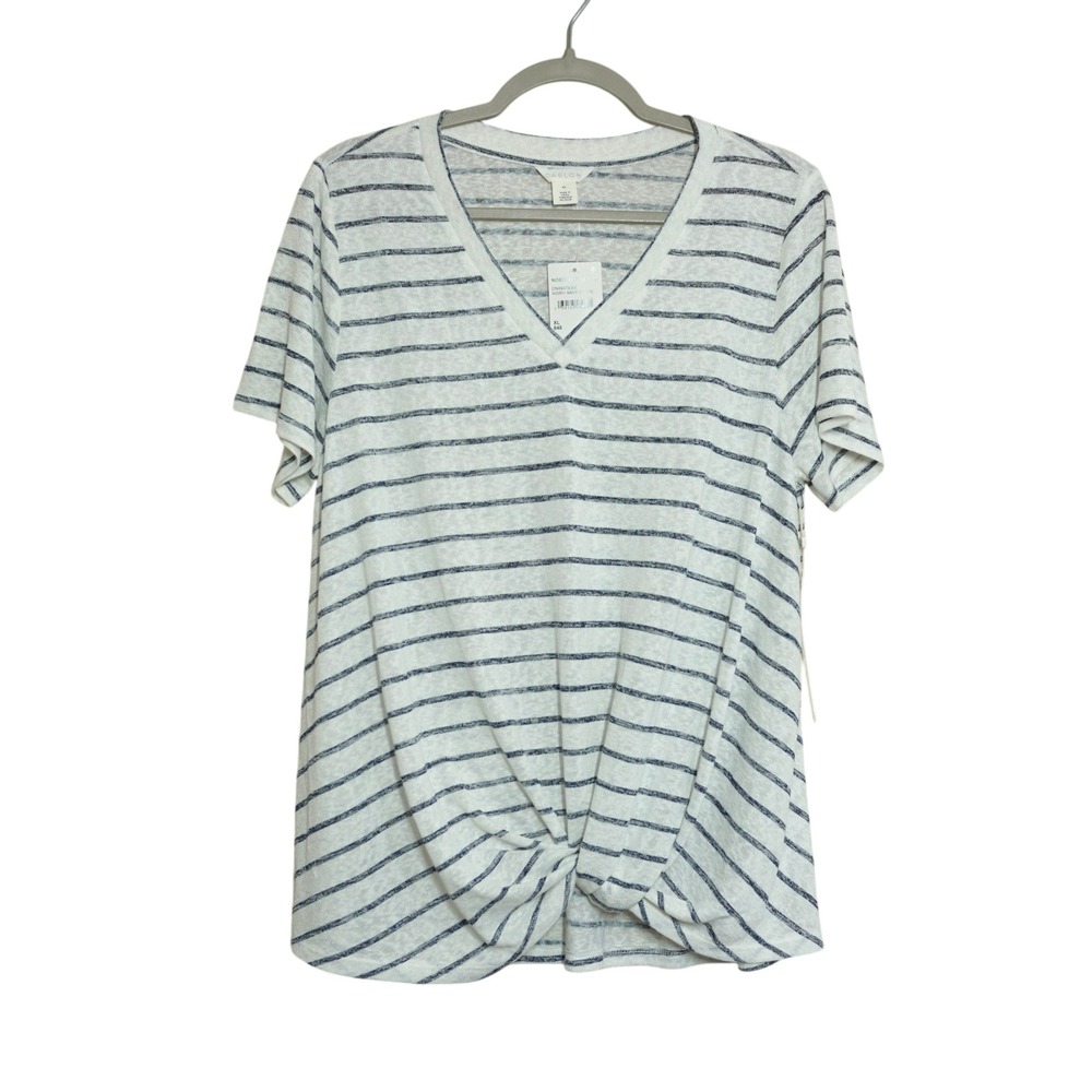 Caslon Womens XL‎ Ivory Navy Stripe Front Twist V-Neck Short Sleeve Tee NWT